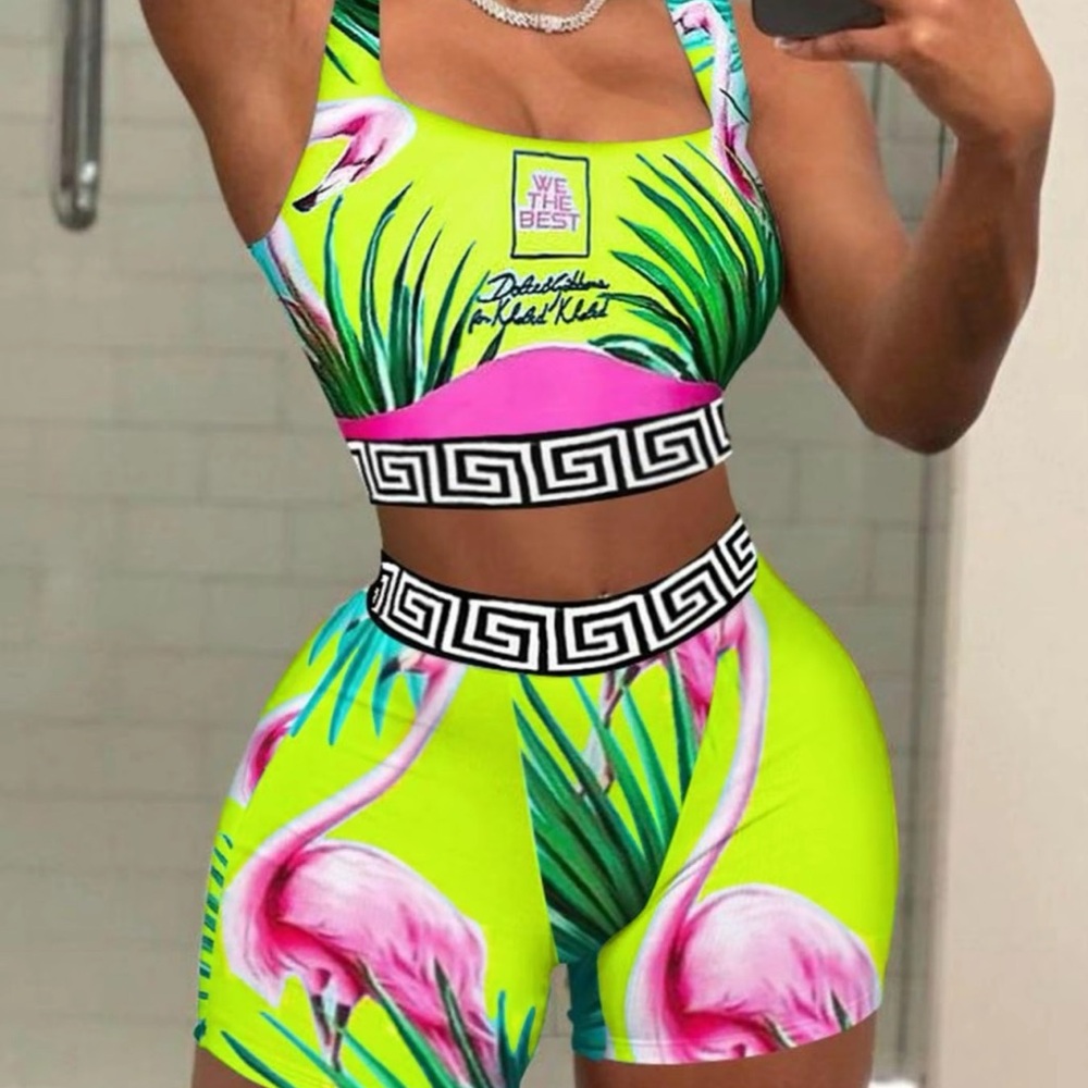 Green and Pink Athletic Shorts with Tropical Design